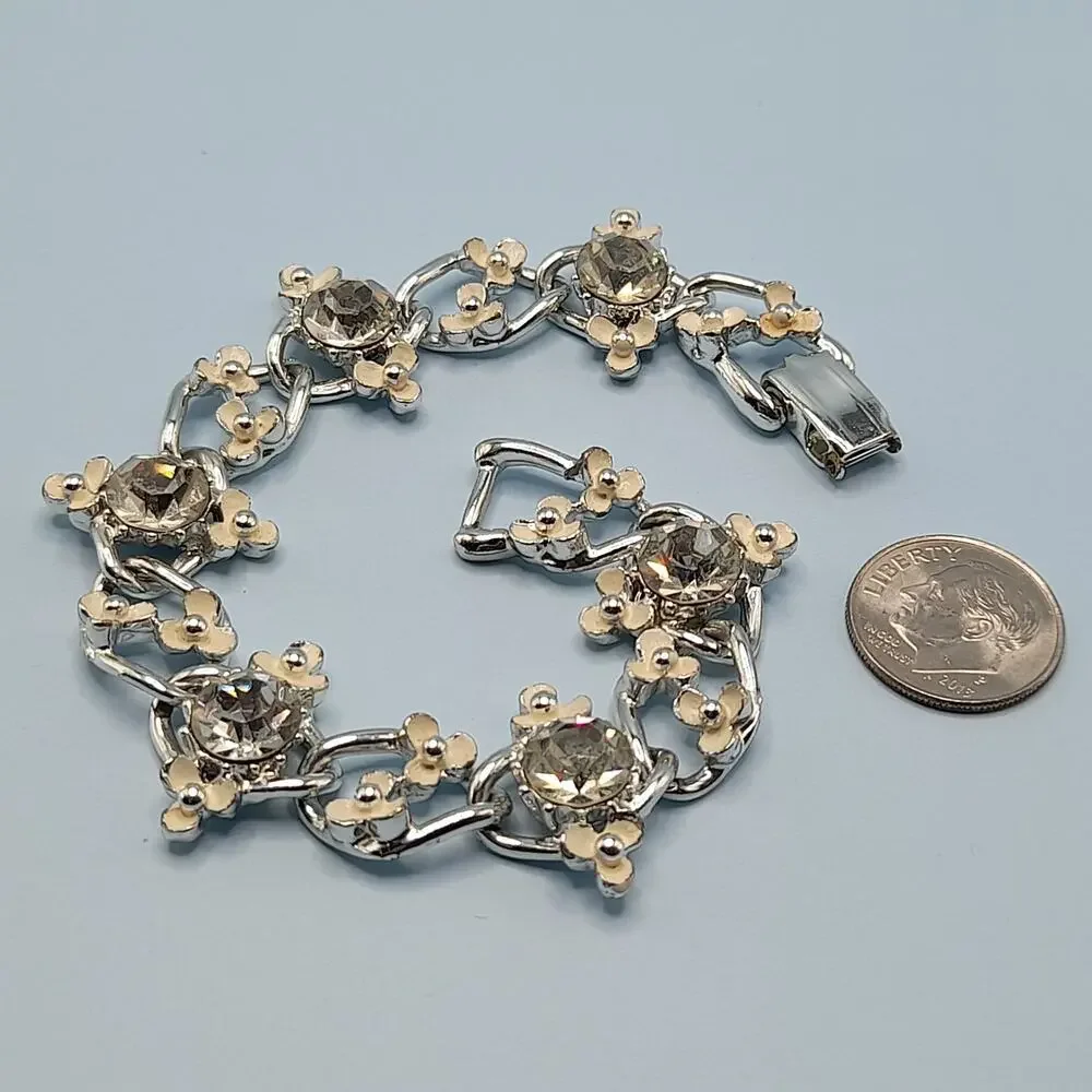 Vintage Creamy White Flower Bracelet, Clear Rhinestones, Mid-Century